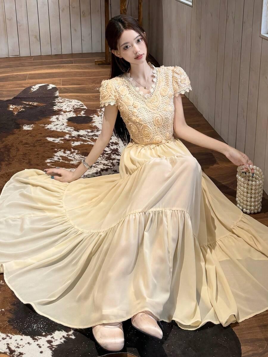 beżowa maxi sukienka v neck 