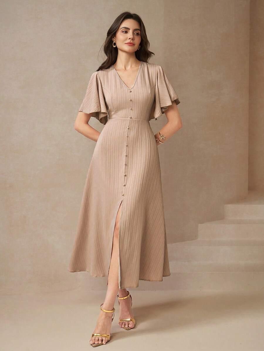 beżowa sukienka v neck