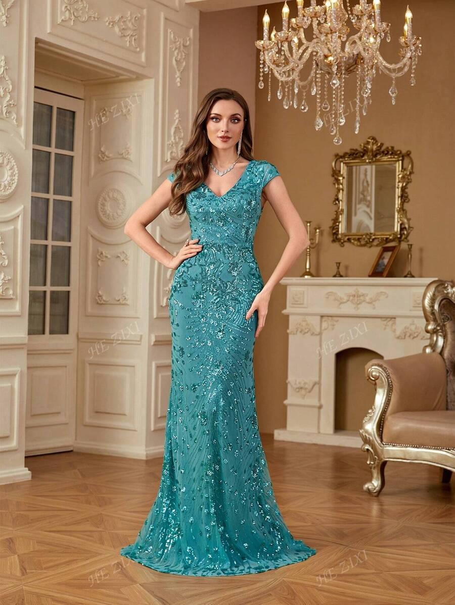 zdobiona maxi sukienka v neck połysk 