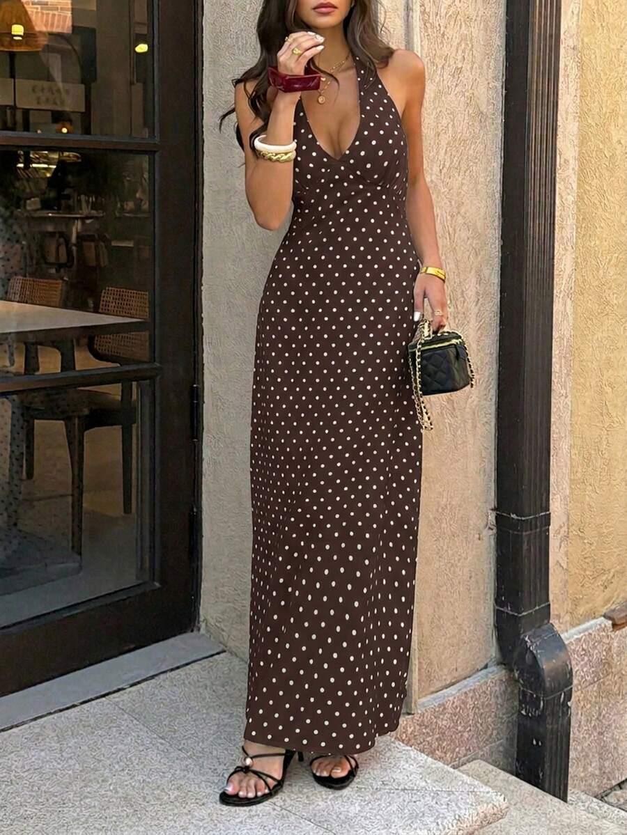 brązowa sukienka maxi w groszki