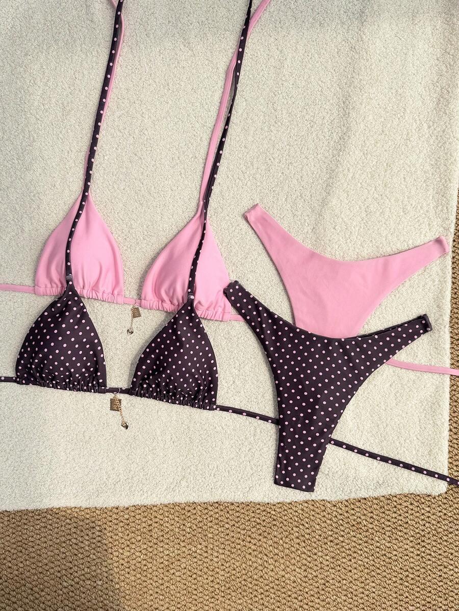 różowy komplet bikini wiązanie 