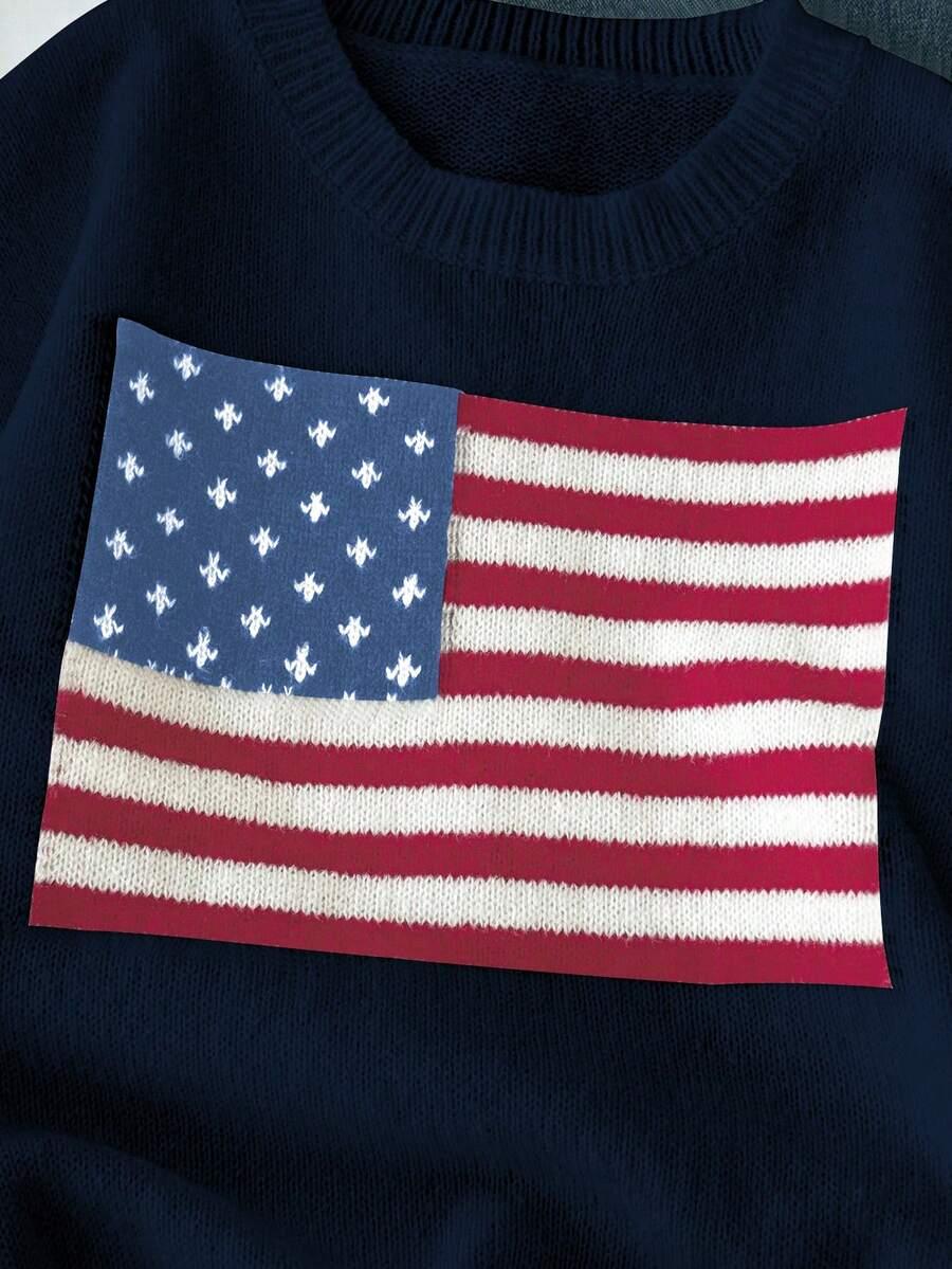 granarowy sweter okrągły dekolt flaga 