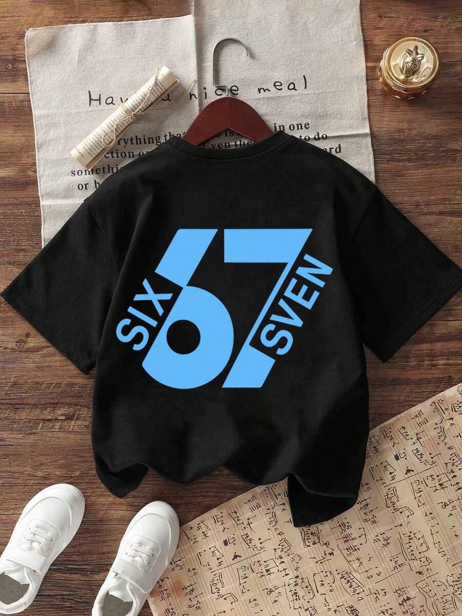 CZARNY T-SHIRT PRINT OKRĄGŁY DEKOLT