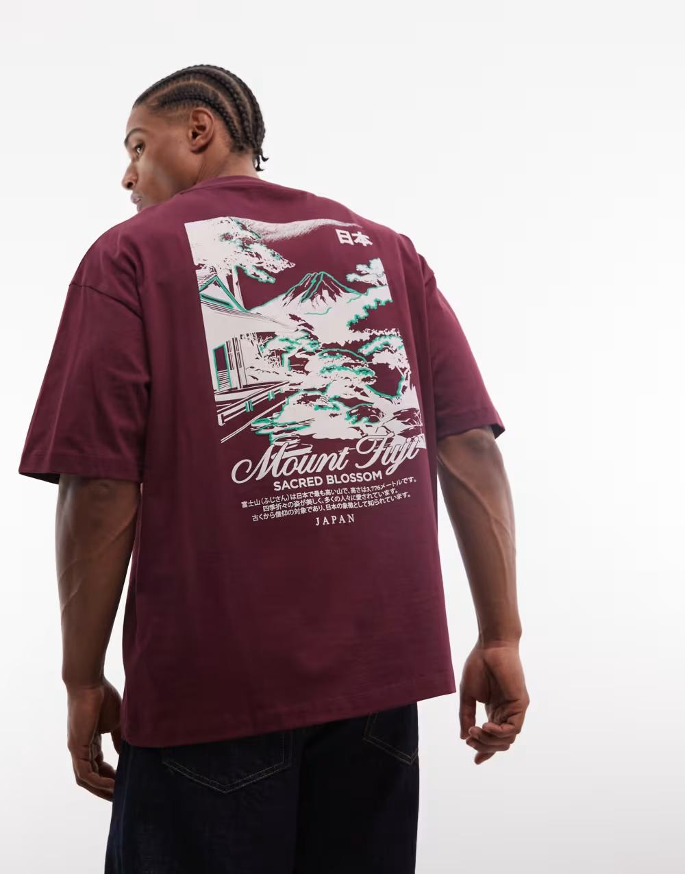 BORDOWY T-SHIRT NADRUK OKRĄGŁY DEKOLT