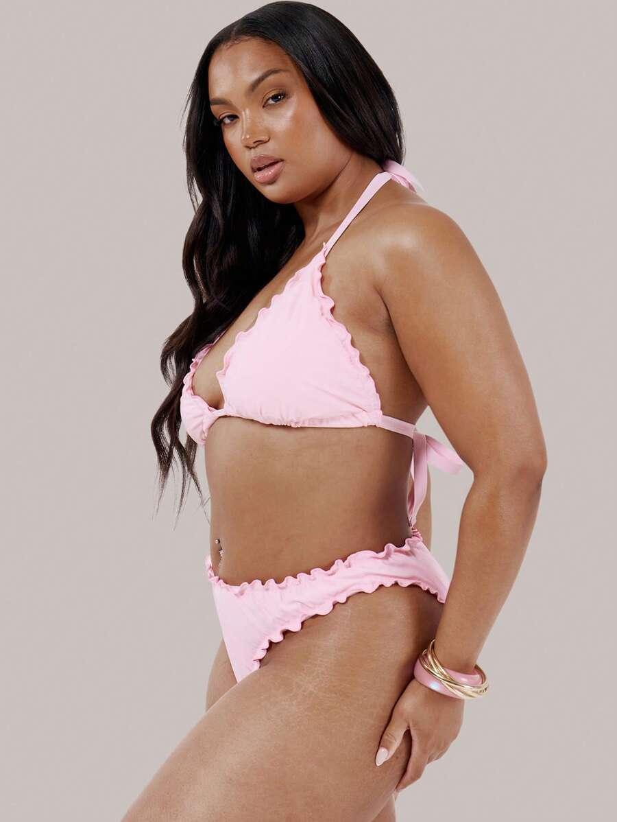 różowy dół od bikini falbana