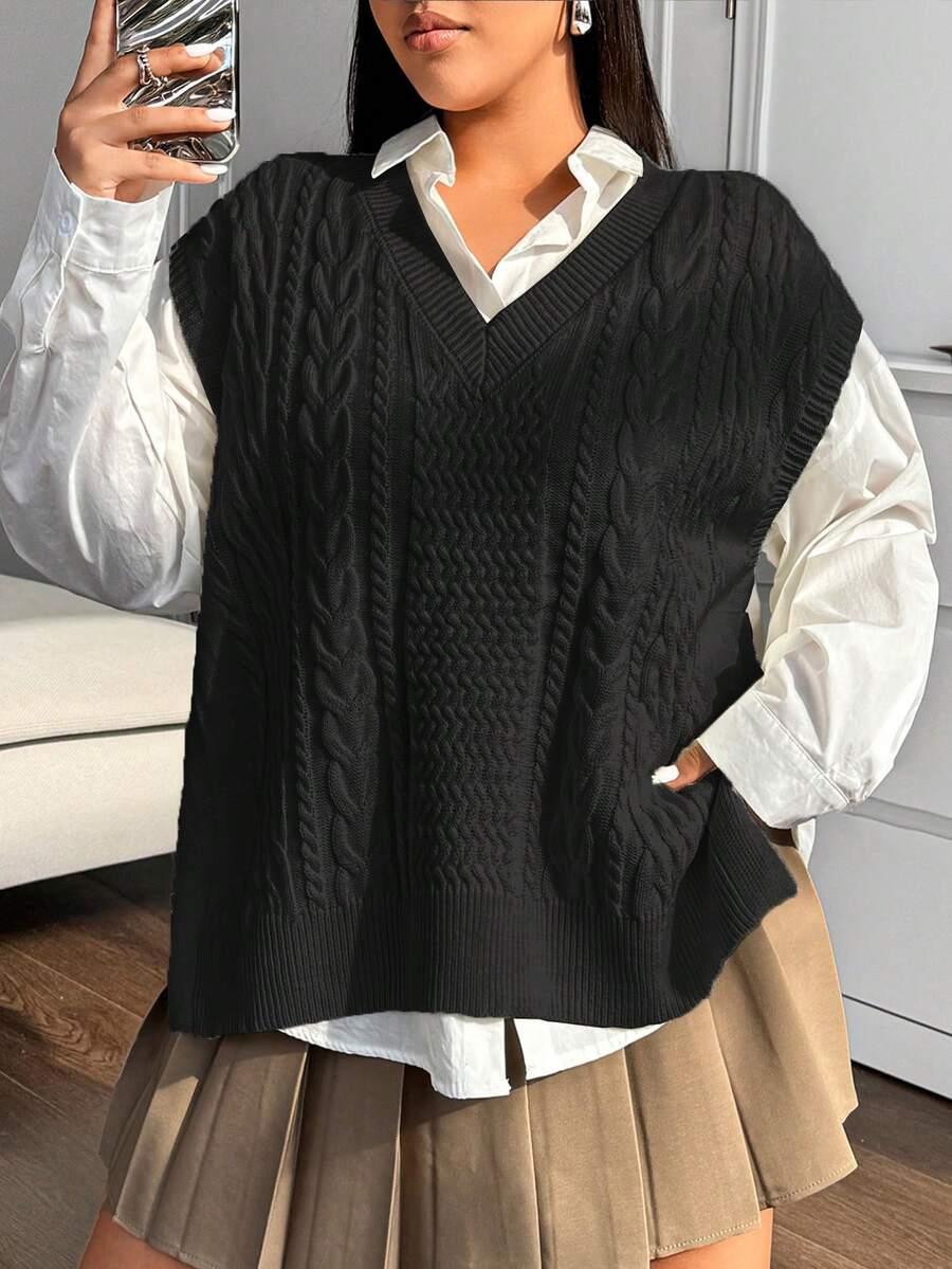 CZARNA DZIANINOWA KAMIZELKA V-NECK
