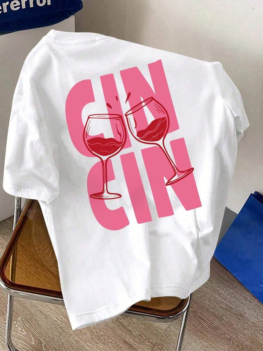 biały t-shirt nadruk cin cin