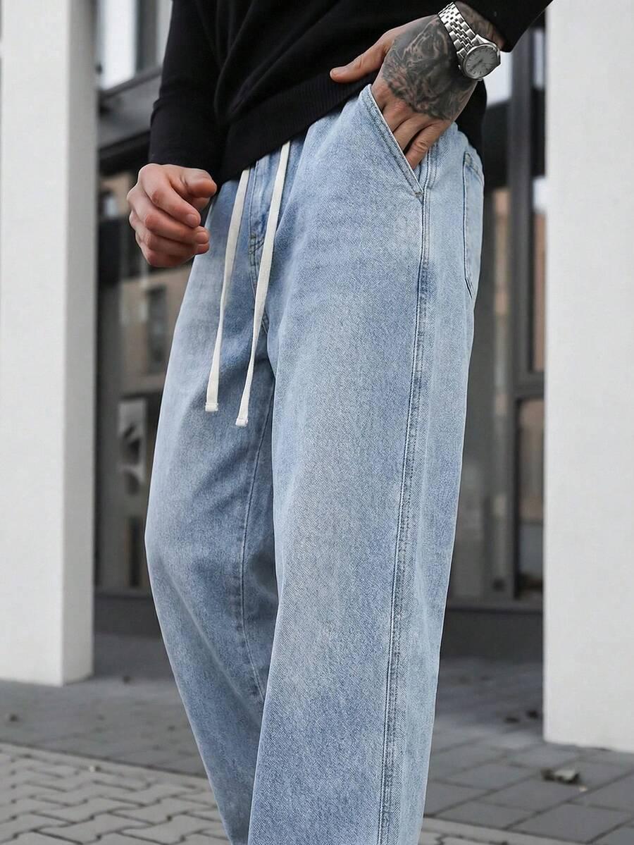 niebieskie proste spodnie jeans