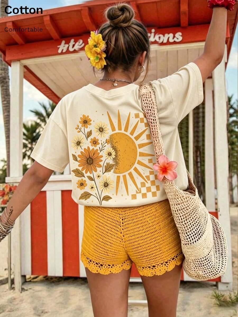 beżowy t-shirt nadruk