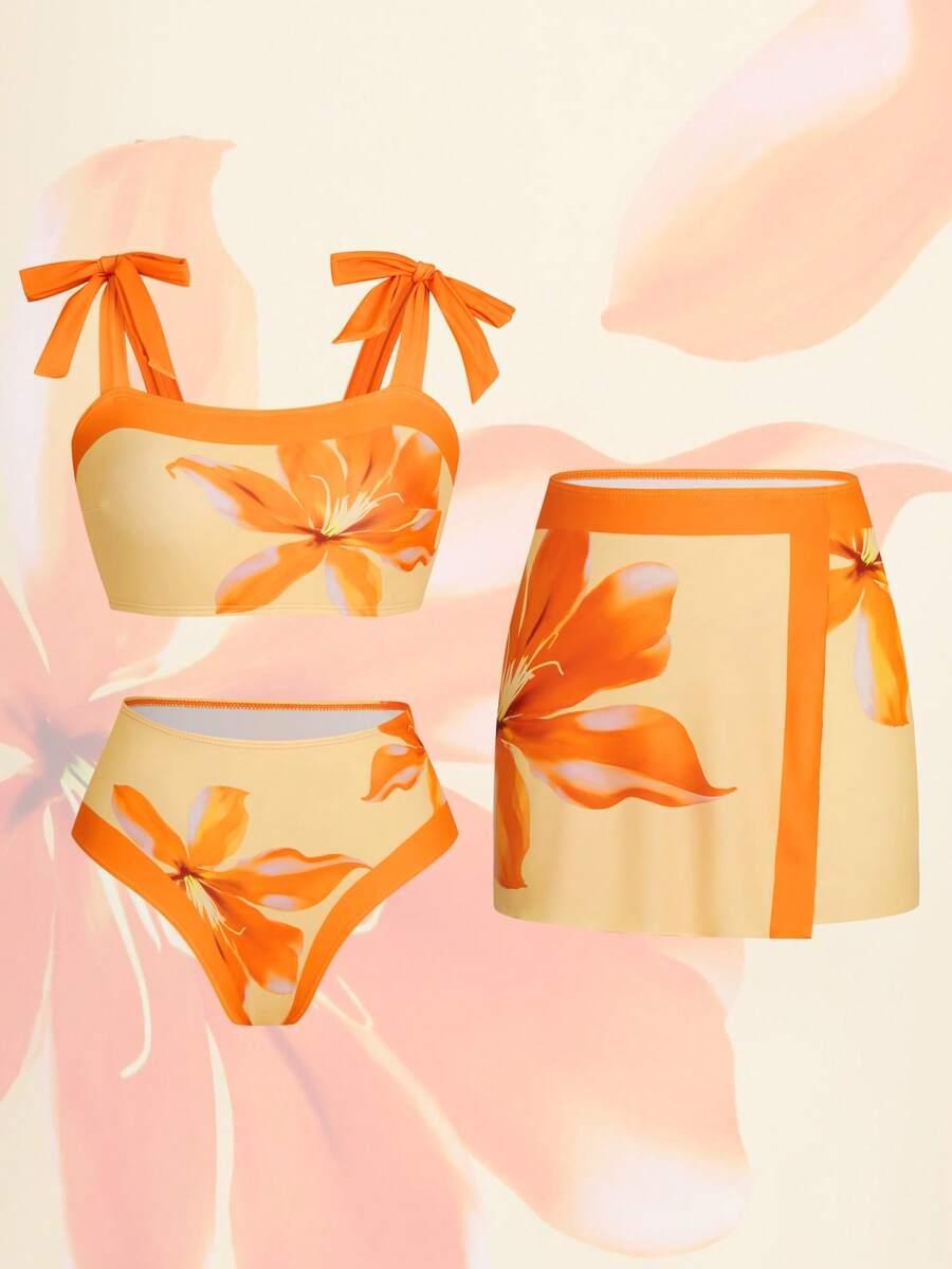 3-CZĘŚCIOWY STRÓJ KĄPIELOWY bikini spódnica kwiaty