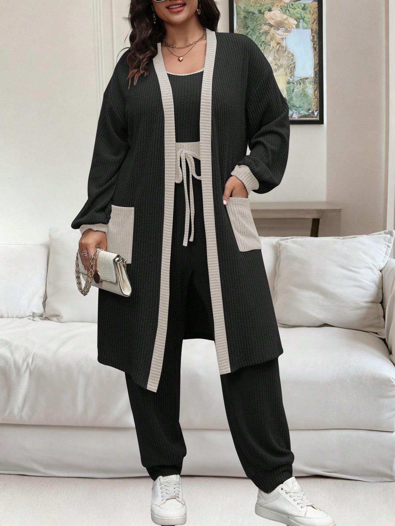 CZARNY KOMPLET DZIANINOWY KOMBINEZON NARZUTKA