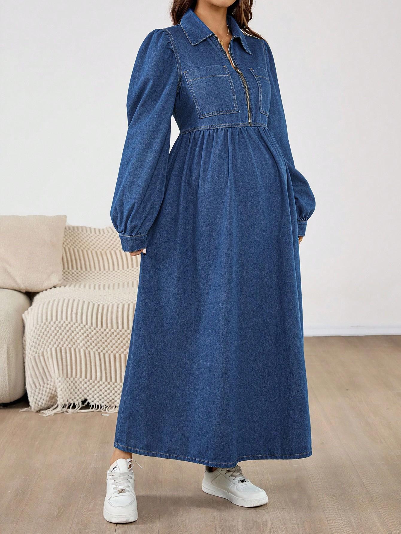 niebieska sukienka ciążowa jeans zamek