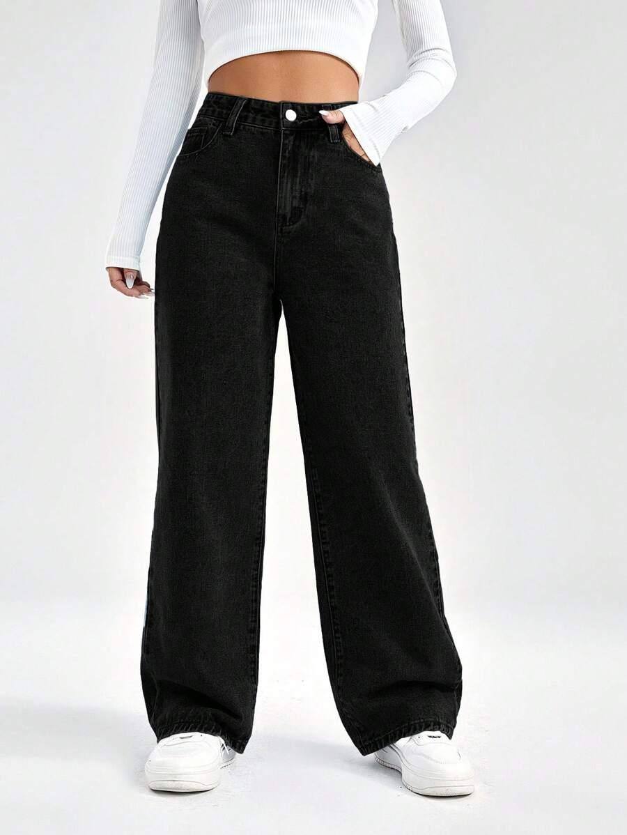 CZARNE SPODNIE JEANS SZEROKIE NOGAWKI 