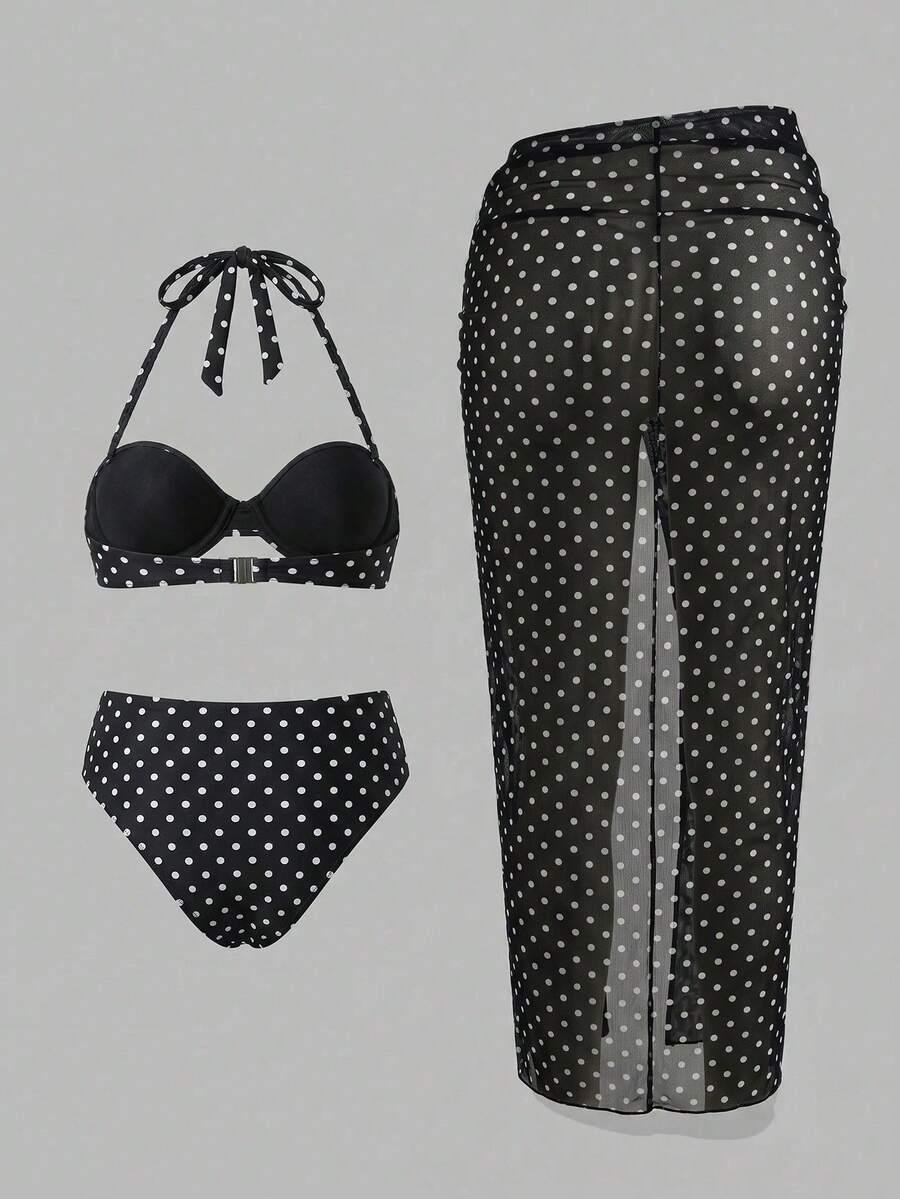 trzyczęściowy komplet bikini pareo wzór groszki