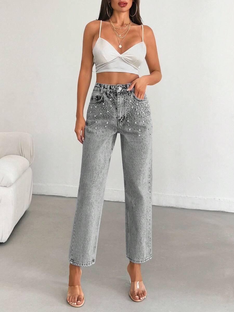 SZARE SPODNIE JEANS ZDOBIENIE