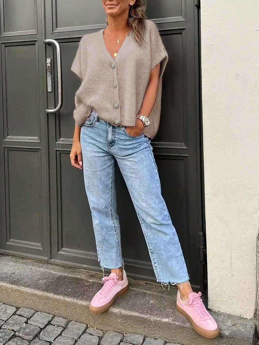 beżowy sweter krótki rękaw