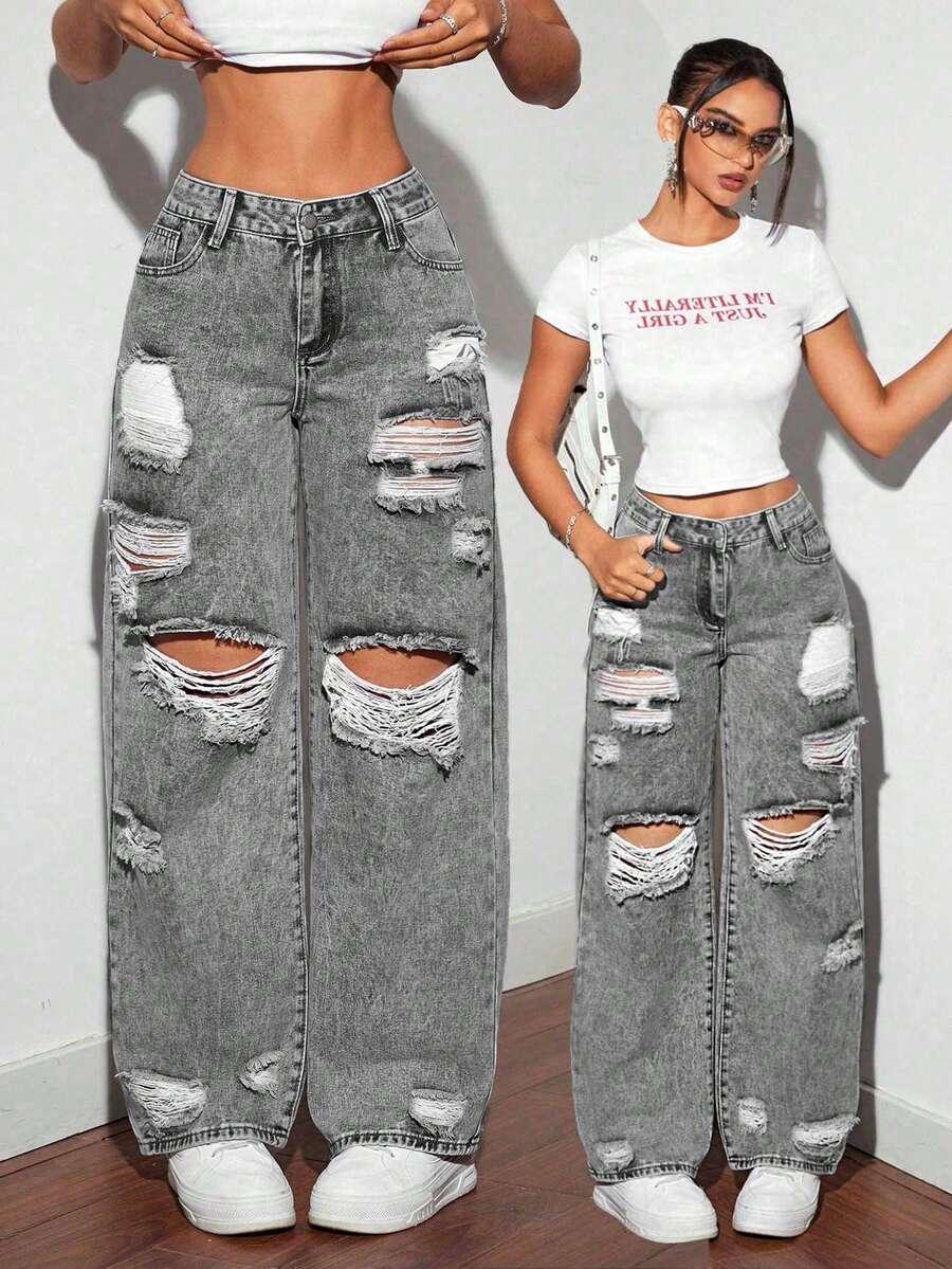 SZARE SPODNIE JEANS przetarcia