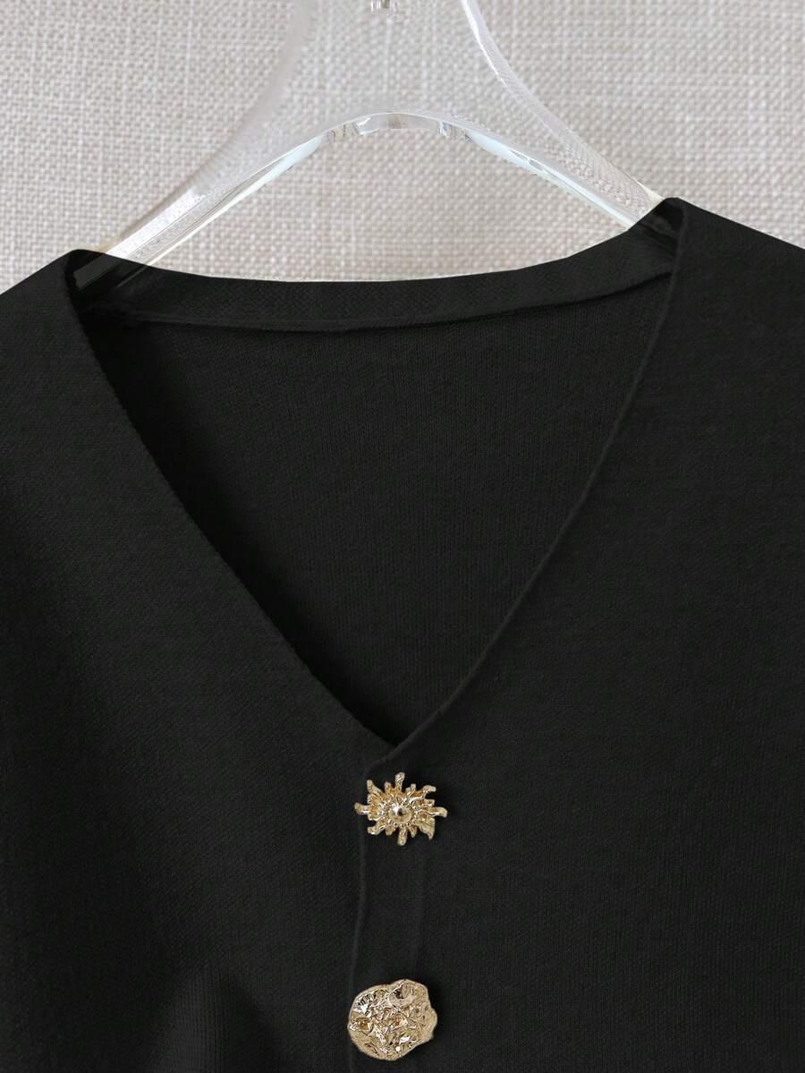 CZARNY DZIANINOWY SWETER ZDOBIENIE 