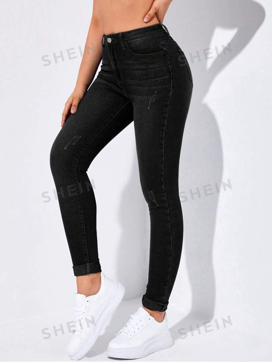 CZARNE SPODNIE JEANS PRZETARCIA WYSOKI STAN