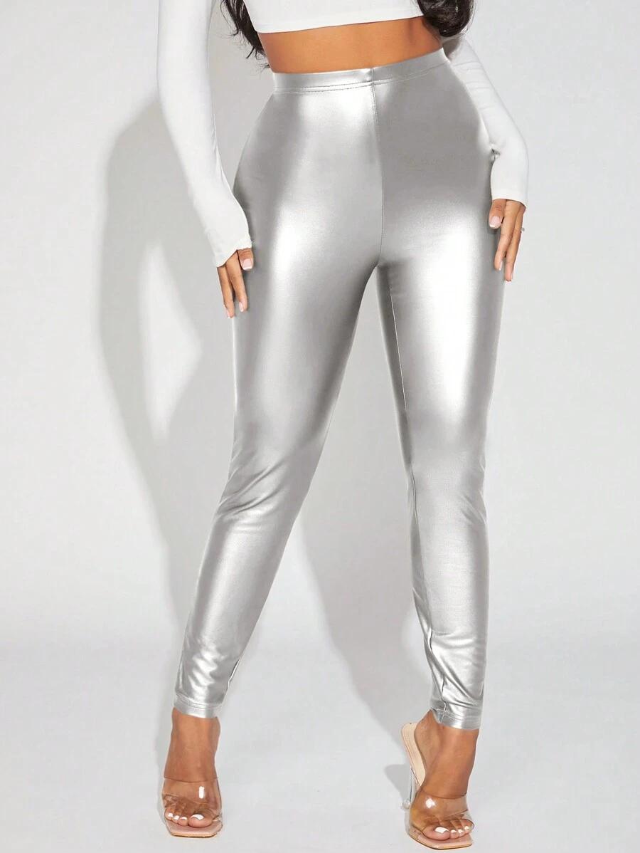 SREBRNE METALICZNE LEGGINSY 