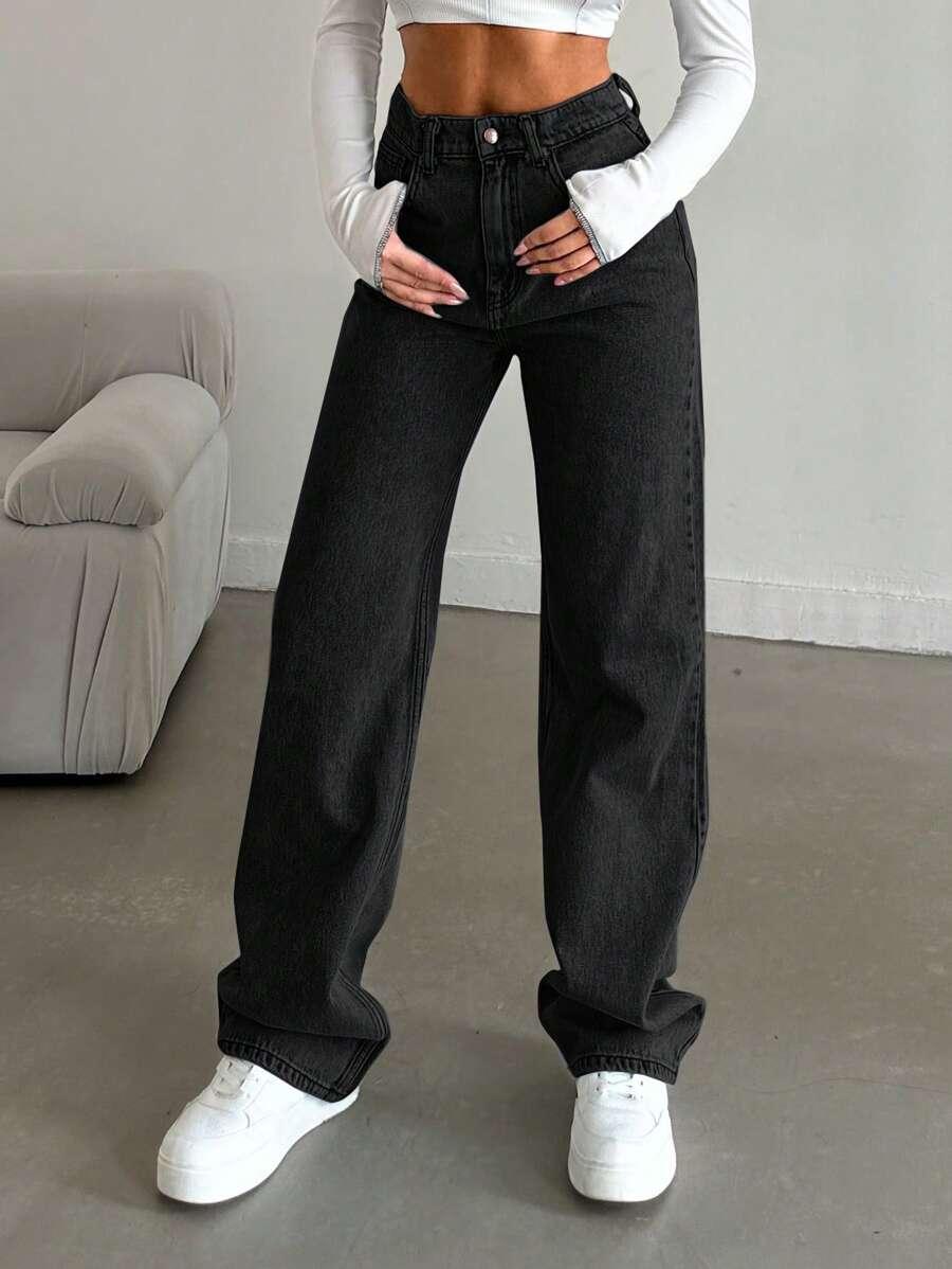 CZARNE SPODNIE JEANS WYSOKI STAN KIESZENIE