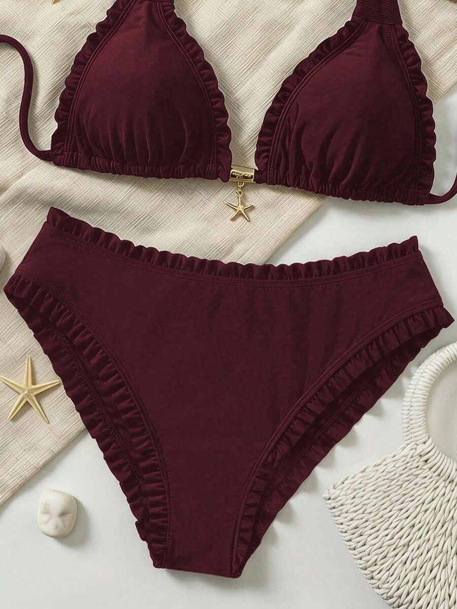 bordowy dół od bikini falbanki