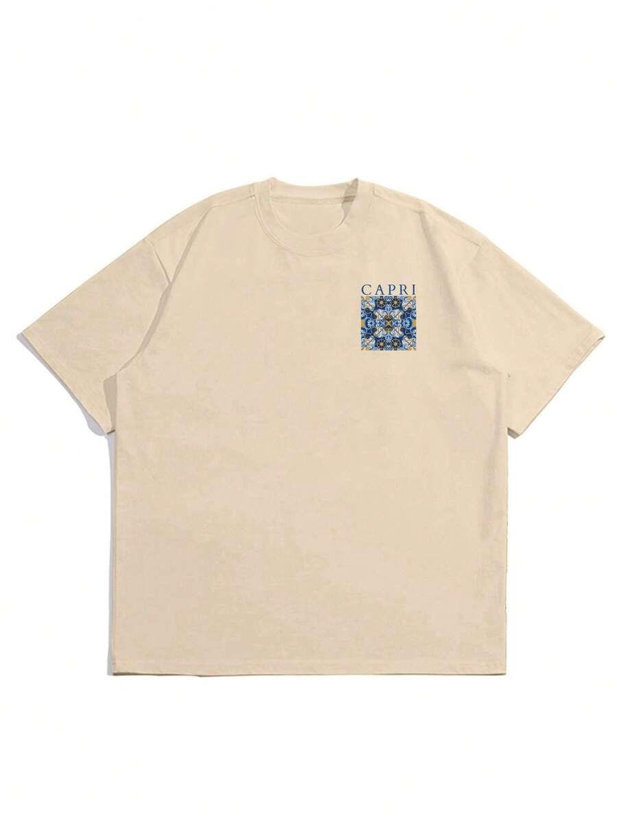 beżowy t-shirt z nadrukiem okrągły dekolt capri