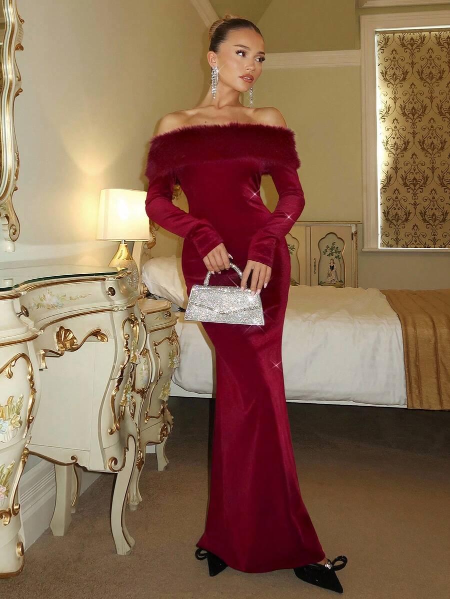 CZERWONA MAXI SUKIENKA SZTUCZNE FUTRO