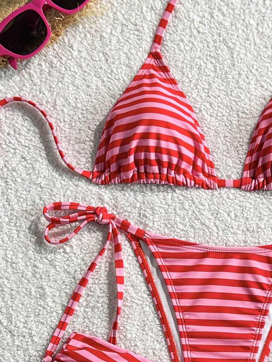 trzyczęściowy komplet bikini spodenki wzór paski