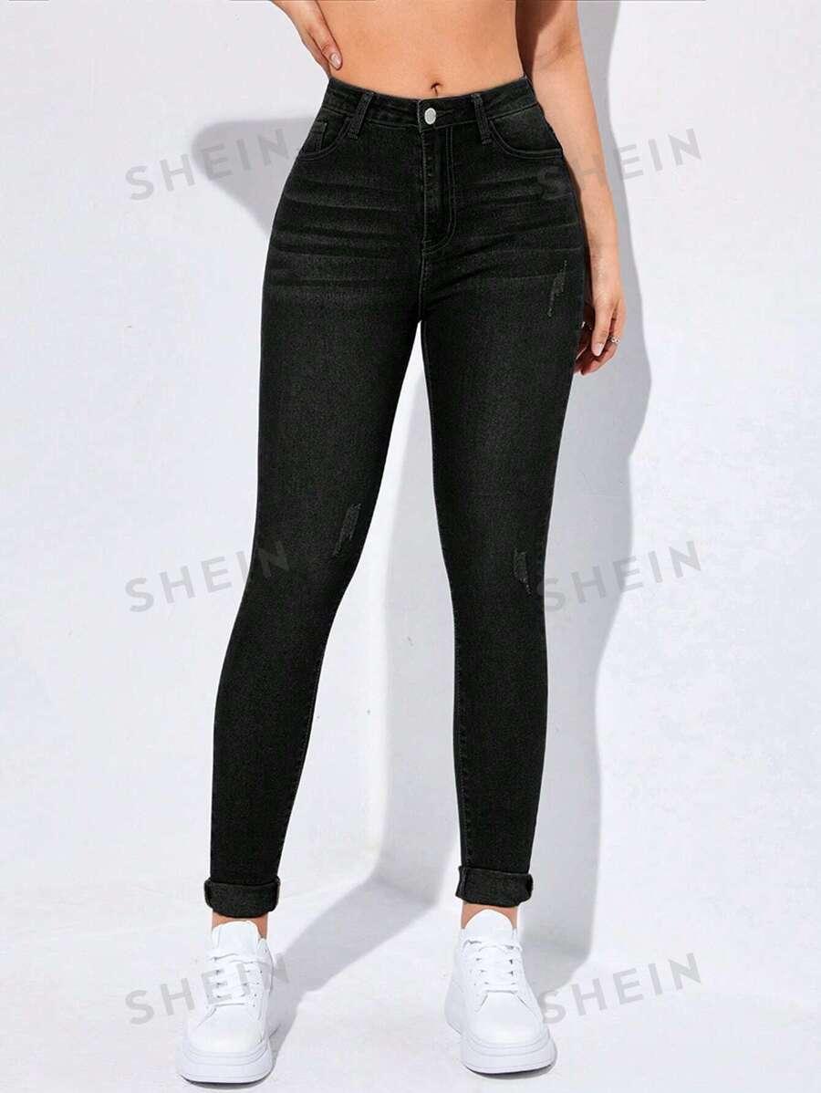 CZARNE SPODNIE JEANS PRZETARCIA WYSOKI STAN