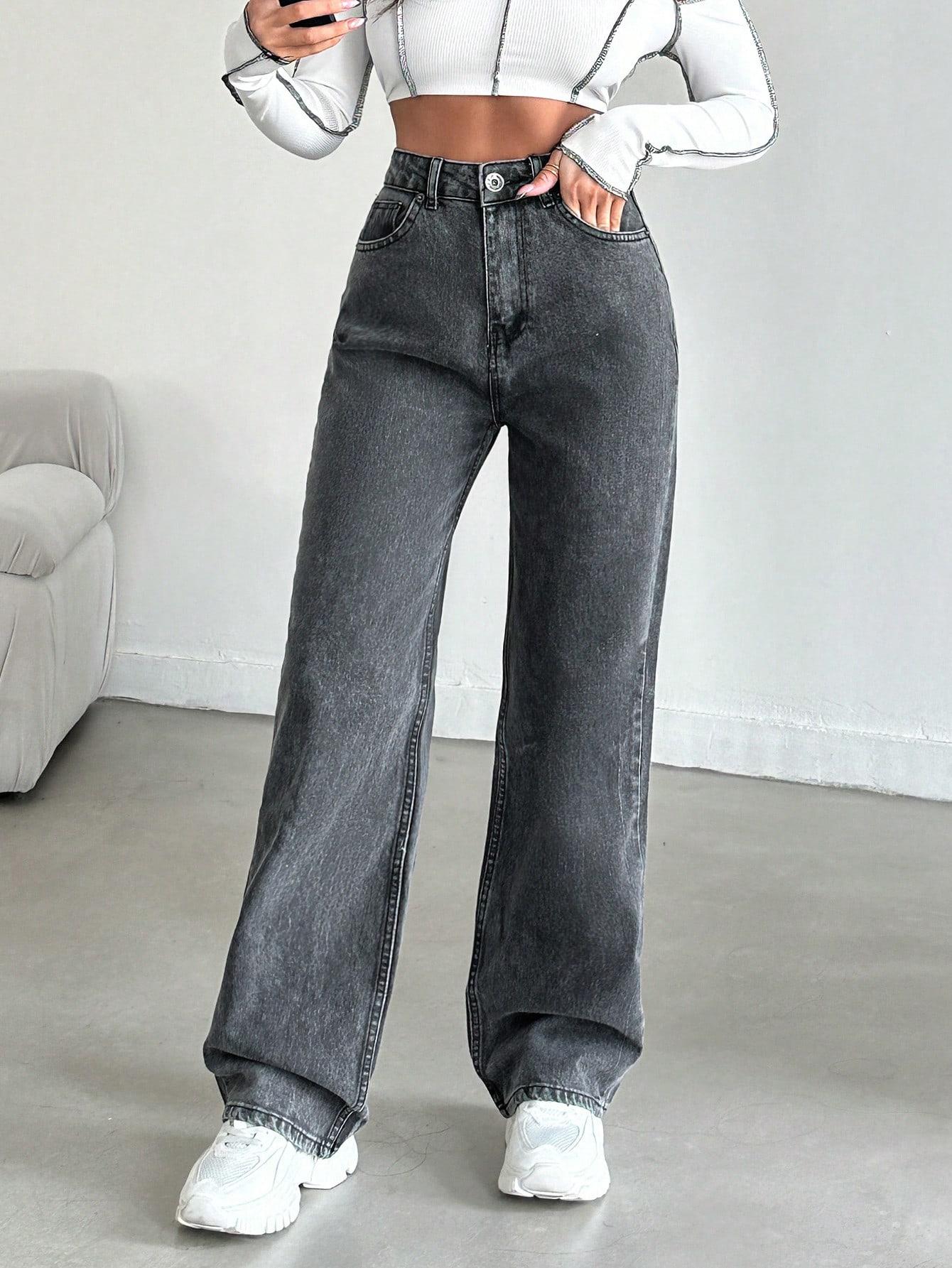 szare proste spodnie jeans szeroka nogawka wysoki stan 