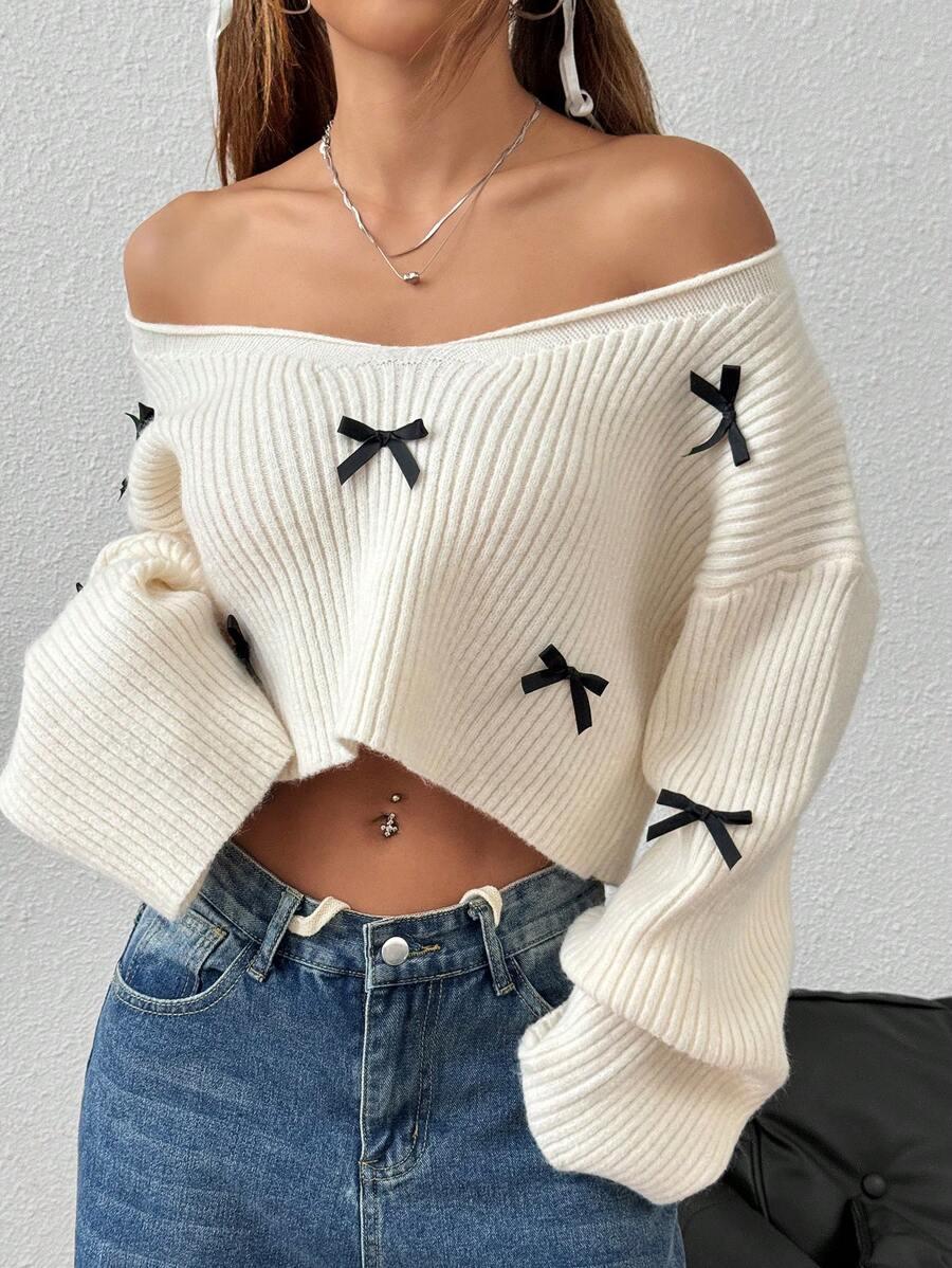 prążkowany sweter v neck kokardy
