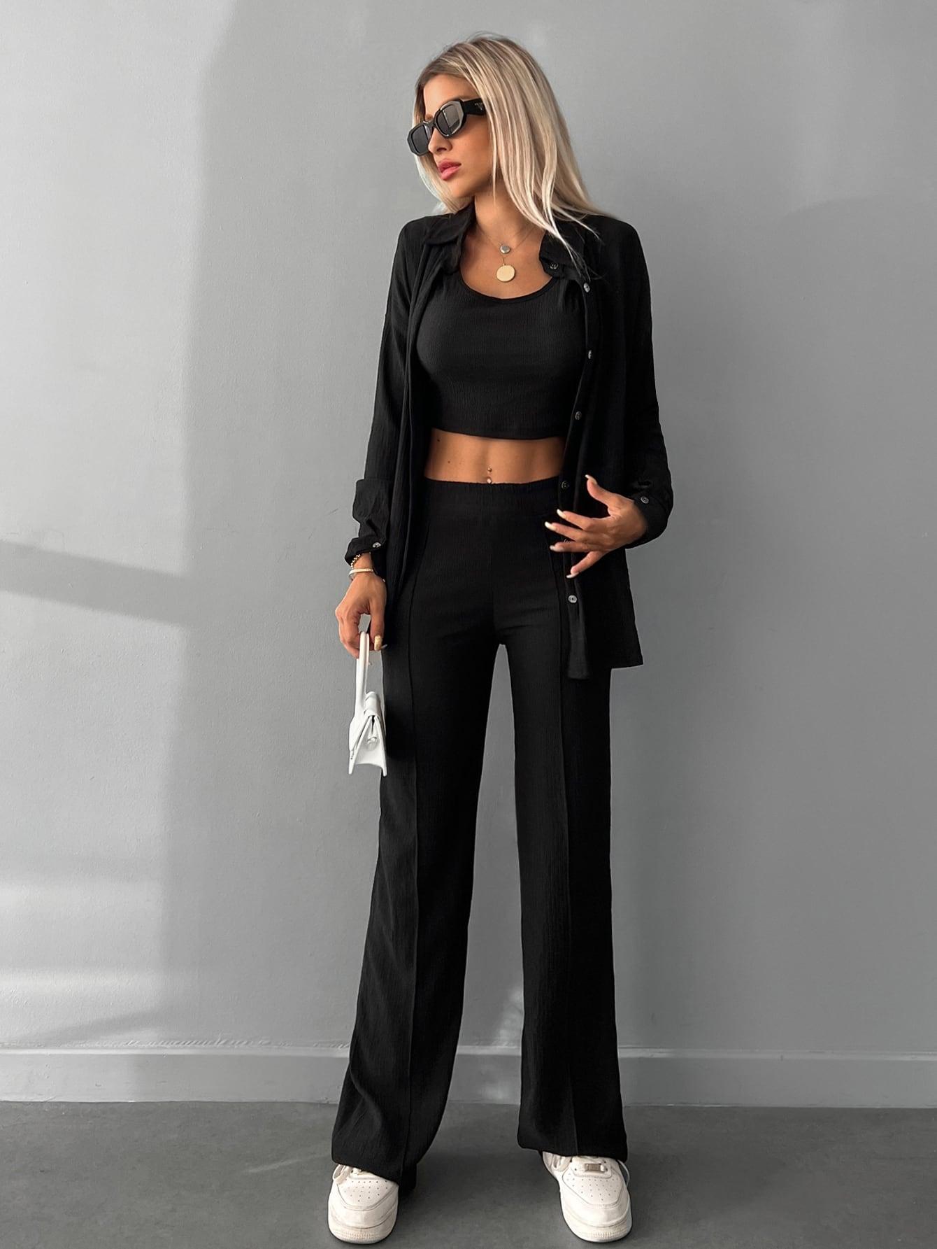 CZARNY KOMPLET TEKSTURA CROP TOP KOSZULA SPODNIE CASUAL