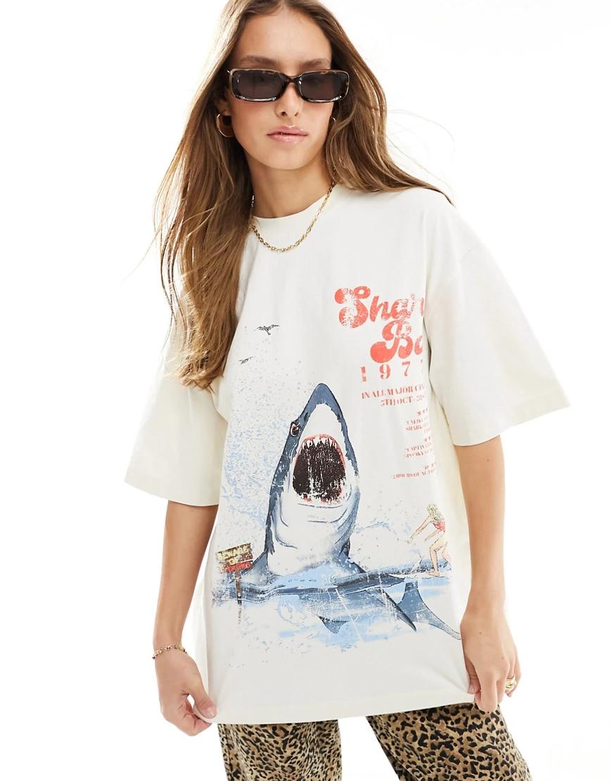 kremowy bawełniany t-shirt oversize print