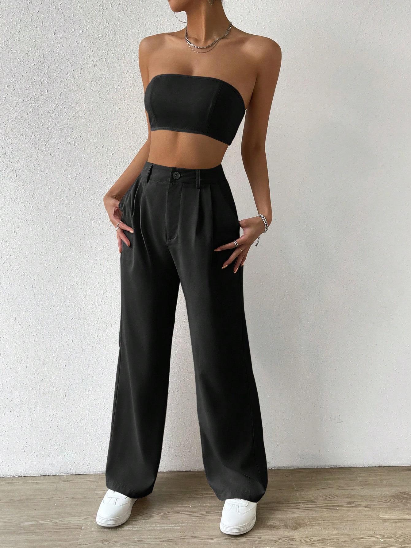 komplet spodnie wysoki stan crop top bandeau