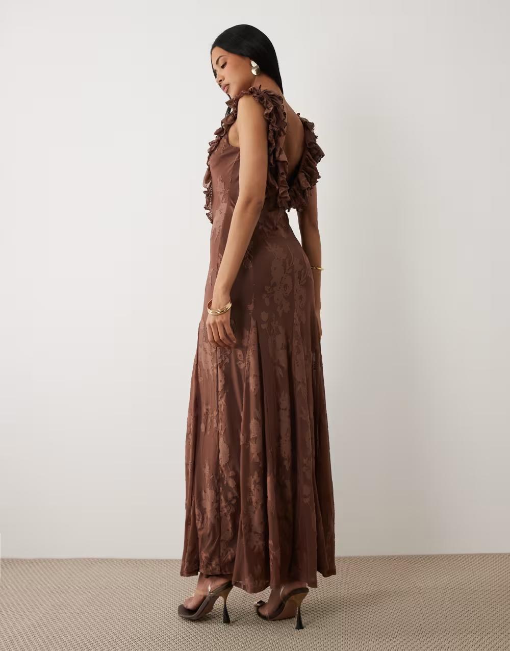 BRĄZOWA MAXI SUKIENKA V-NECK