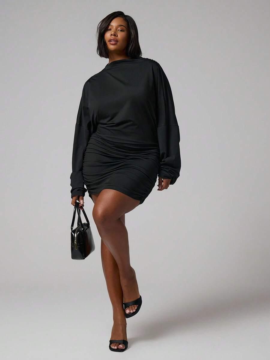 SUKIENKA PLUS SIZE OŁÓWKOWA DŁUGI RĘKAW 
