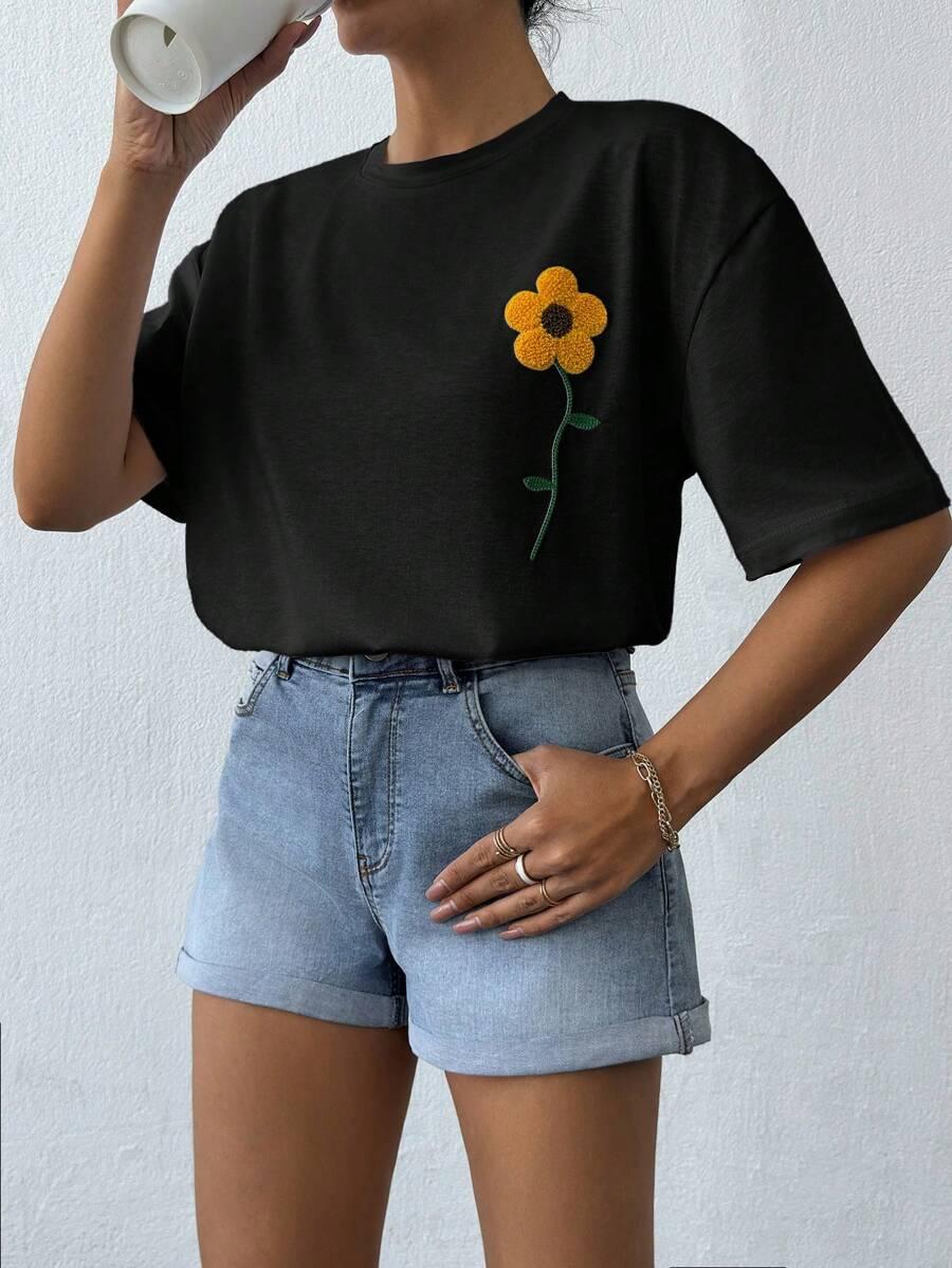 CZARNY T-SHIRT HAFT KWIAT