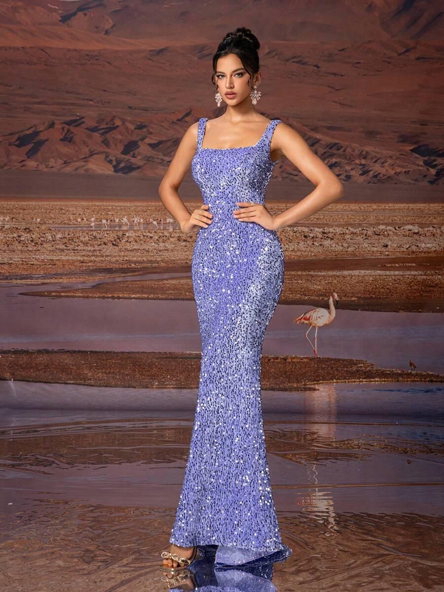 fioletowa maxi sukienka cekiny