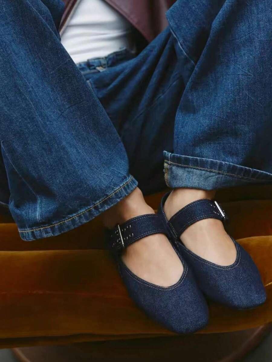 GRANATOWE BALERINY SPRZĄCZKA JEANS