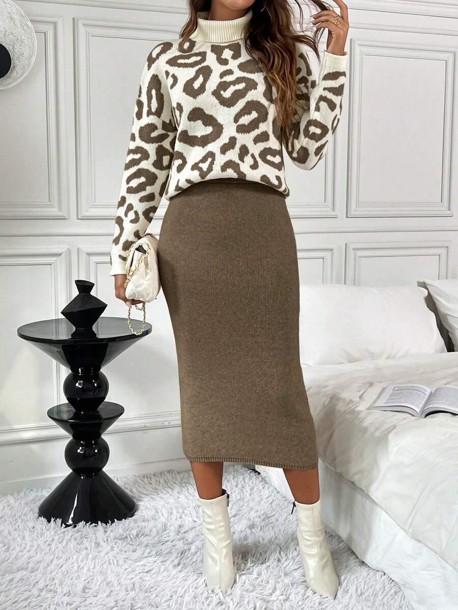 PROSTA SPÓDNICA SWETER ANIMAL PRINT KOMPLET DZIANINA