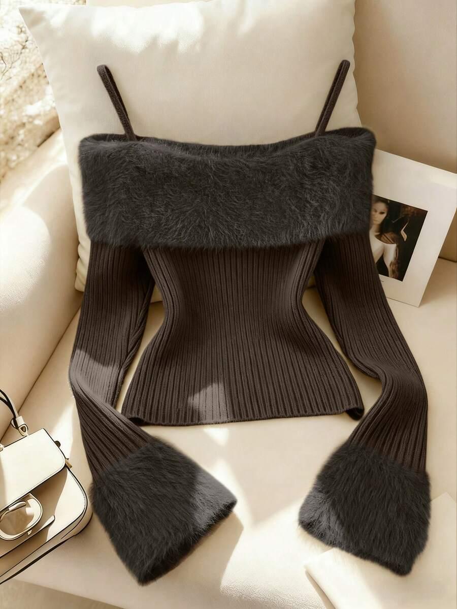 brązowy dzianinowy sweter odkryte ramiona