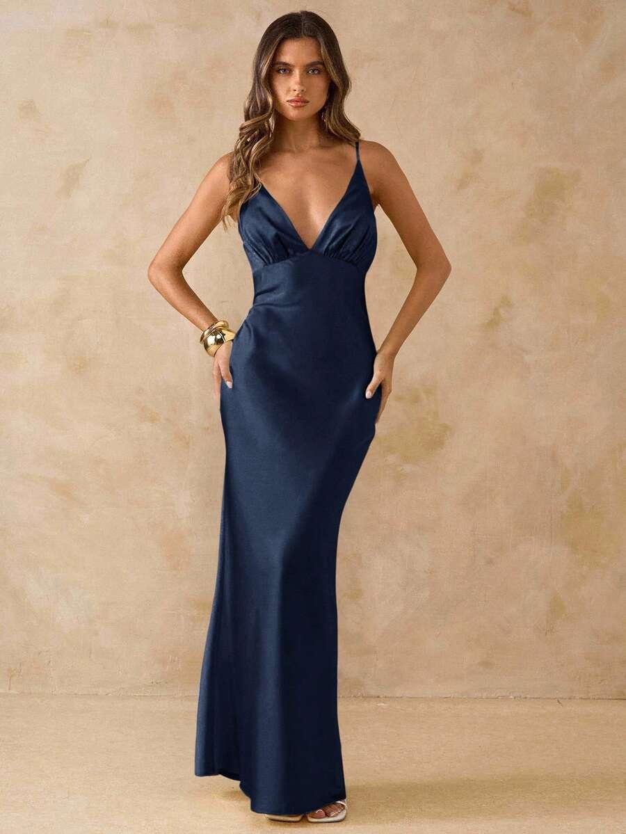 SATYNOWA MAXI SUKIENKA V-NECK