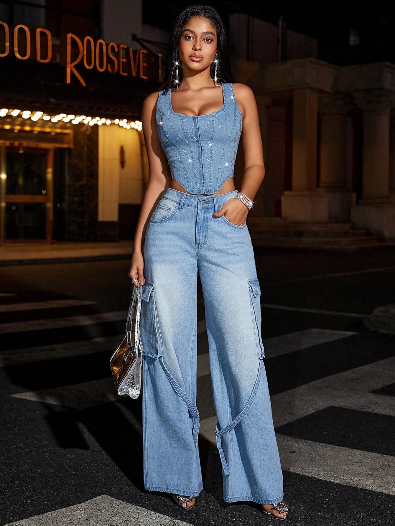 GORSETOWY TOP JEANS ZDOBIENIA