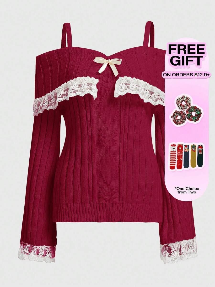 czerwony sweter koronka