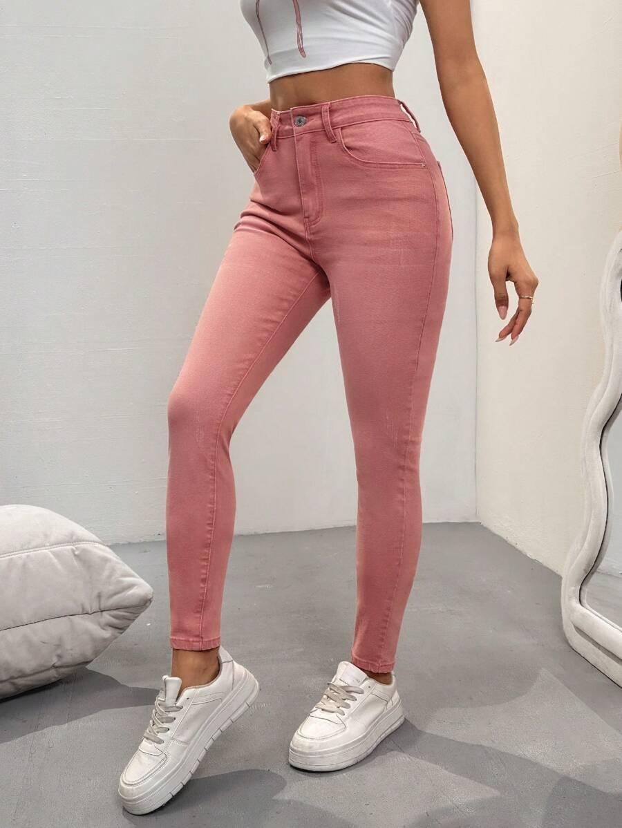 różowe spodnie jeans rurki