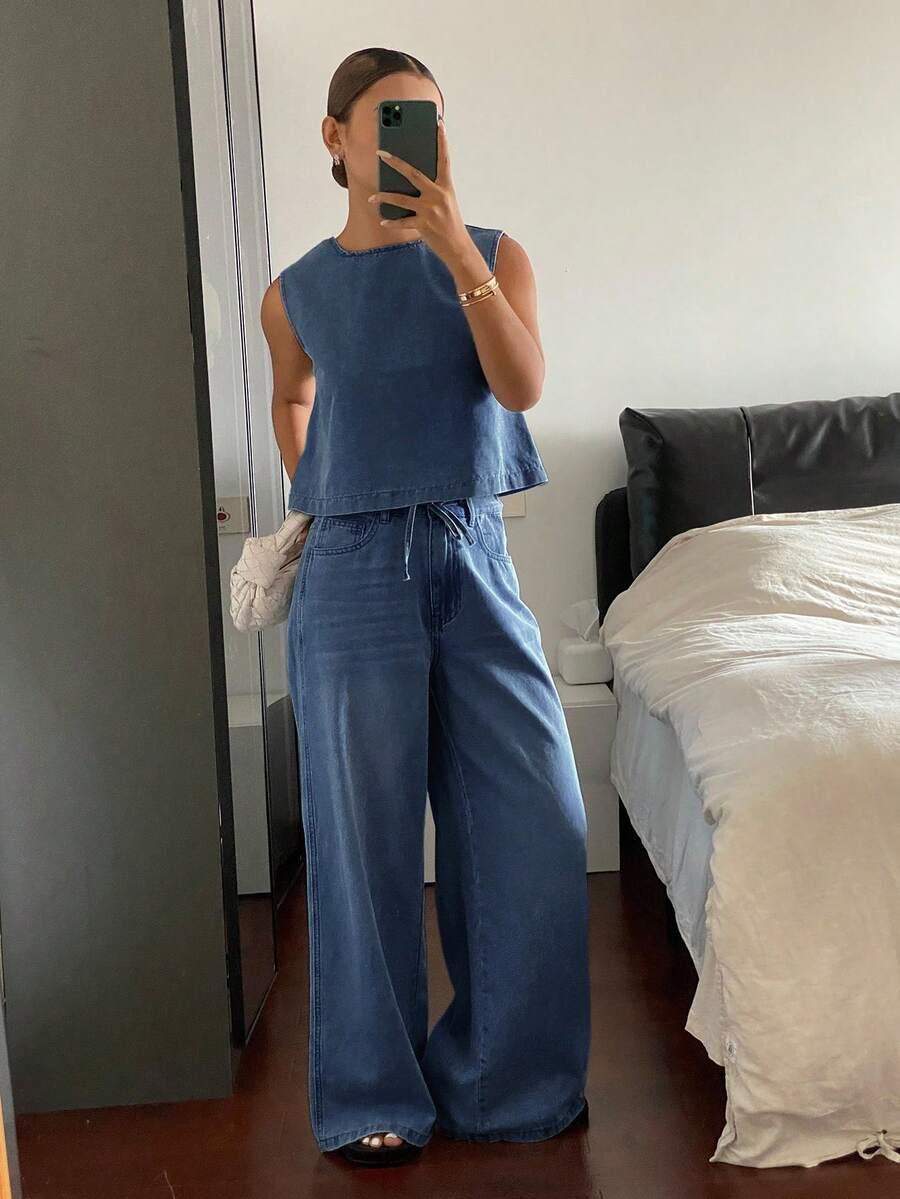 komplet top spodnie jeans