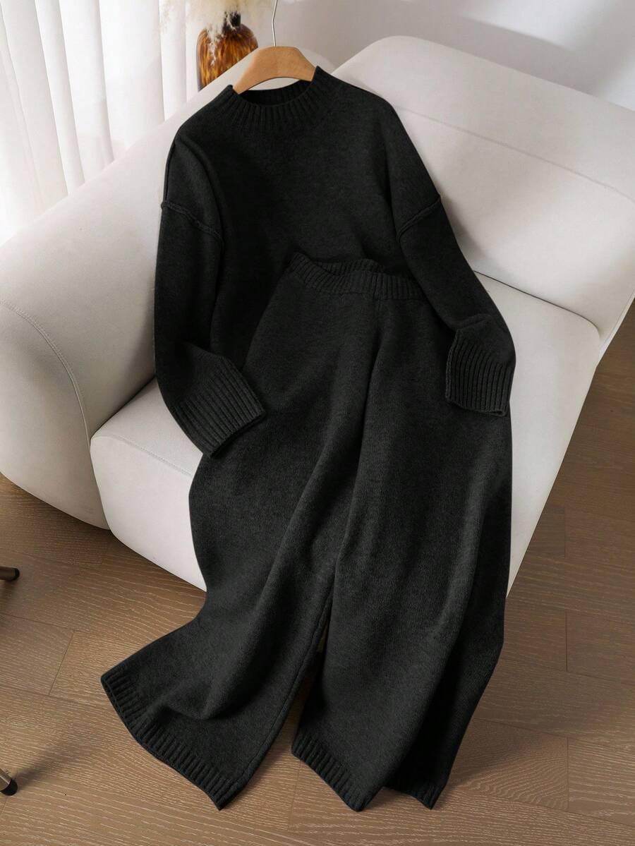 CZARNY KOMPLET SWETER SPODNIE