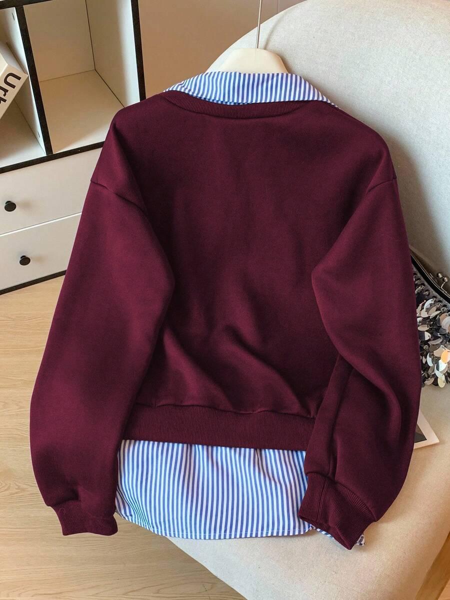 BORDOWA BLUZA WSTAWKA KOŁNIERZYK