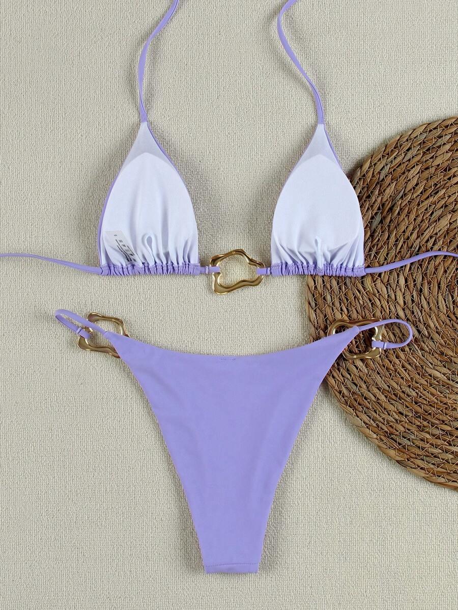 fioletowa góra od bikini wiązanie zdobienie 